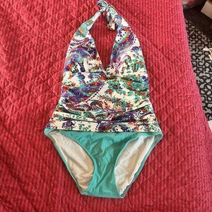 Lauren Ralph Lauren Swimsuit Women 10 One-Piece Teal Paisley Halter Neck Ruched